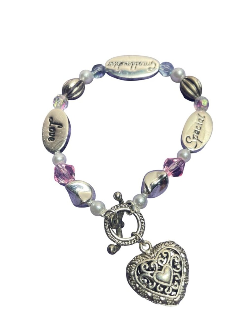 Granddaughter Beaded Bracelet Love Special Silvertone Faux Pearl Pink AB Heart